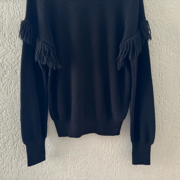 Tory Burch Bristol Sweater Pullover Crew Black Alpaca Silk Knit Fringe Ribbed L - Picture 7 of 12